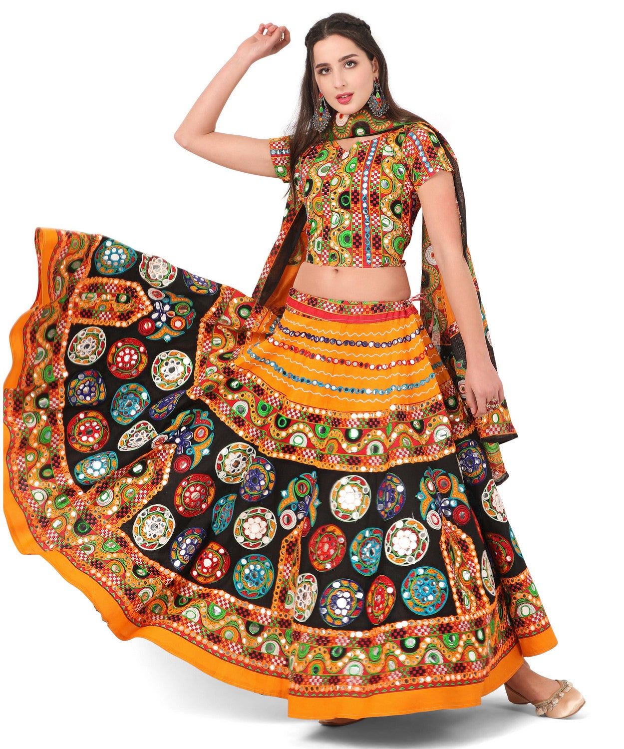Banjara India Cotton Long Flair Aari Embroidery Kutch Work (Lehenga Choli) Chaniya Choli Set with Dupatta-GOL06