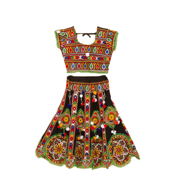 Kutchi Embroidered Cotton Chaniya Choli Set For Girls (CC-GOL) - Black