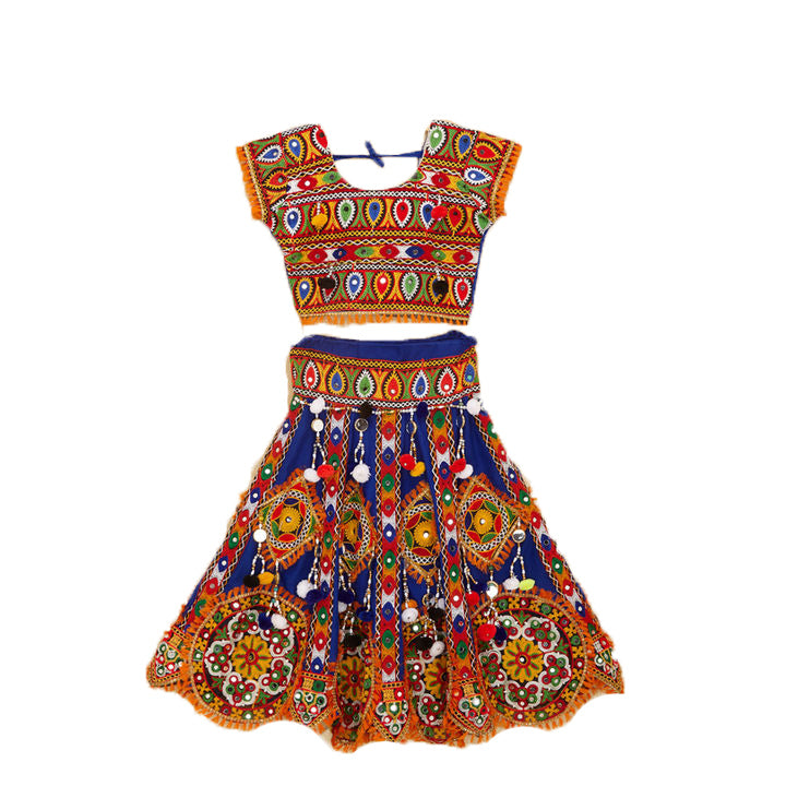 Kutchi Embroidered Cotton Chaniya Choli Set For Girls (CC-GOL) - Blue