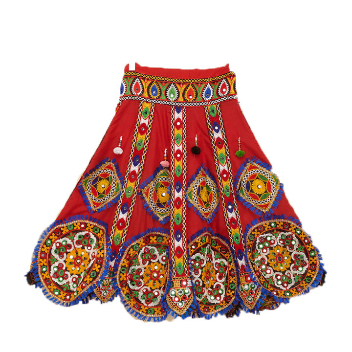 Kutchi Embroidered Cotton Chaniya Choli Set For Girls (CC-GOL) - Red