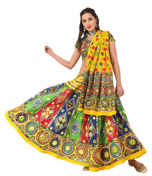 Banjara India Cotton Long Flair Aari Embroidery Kutch Work (Lehenga Choli) Chaniya Choli Set with Dupatta-KAJU02