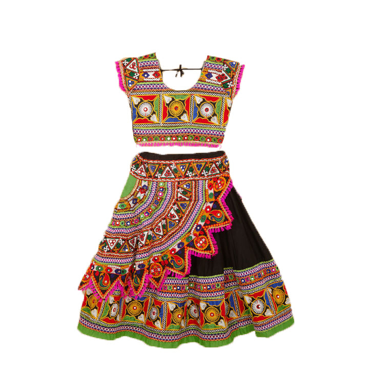 Kutchi Embroidered Cotton Chaniya Choli Set For Girls (CC-KDR) - Black