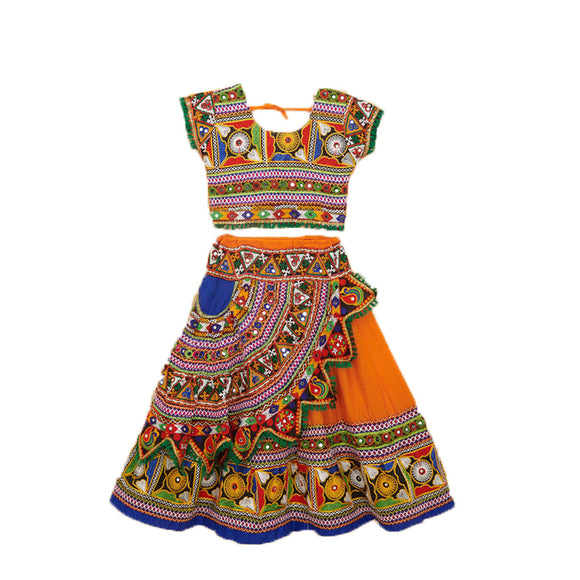 Kutchi Embroidered Cotton Chaniya Choli Set For Girls (CC-KDR) - Orange