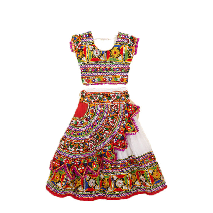 Kutchi Embroidered Cotton Chaniya Choli Set For Girls (CC-KDR) - White
