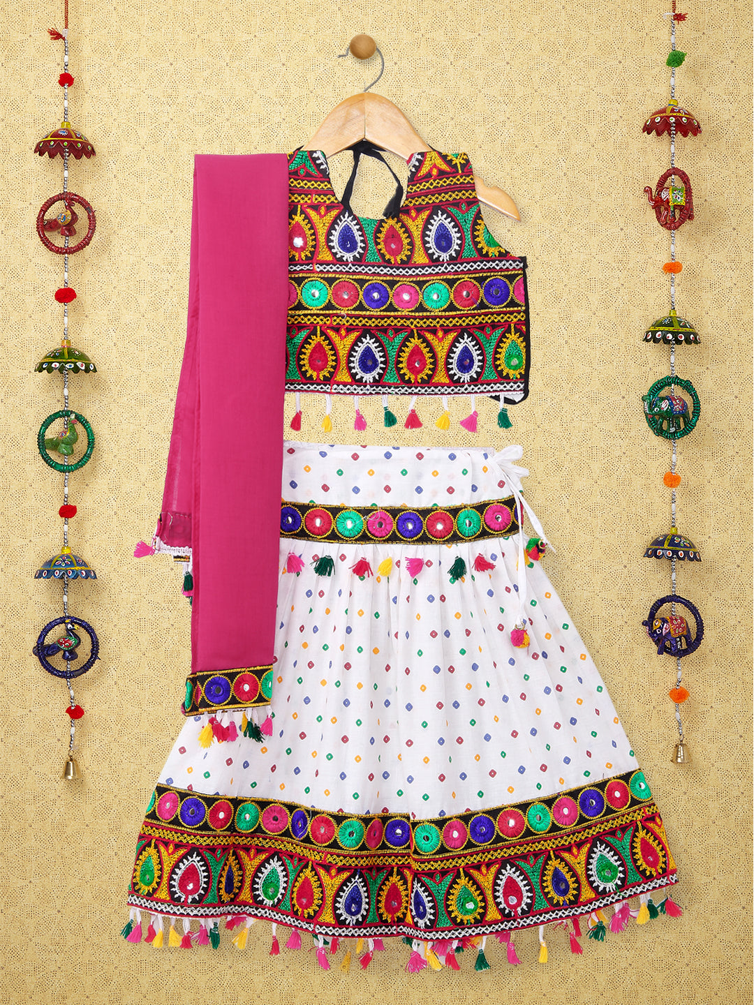 Banjara India Kutchi Emboidered Black Girls Chaniya Choli with Dupatta (CC-POP) - White