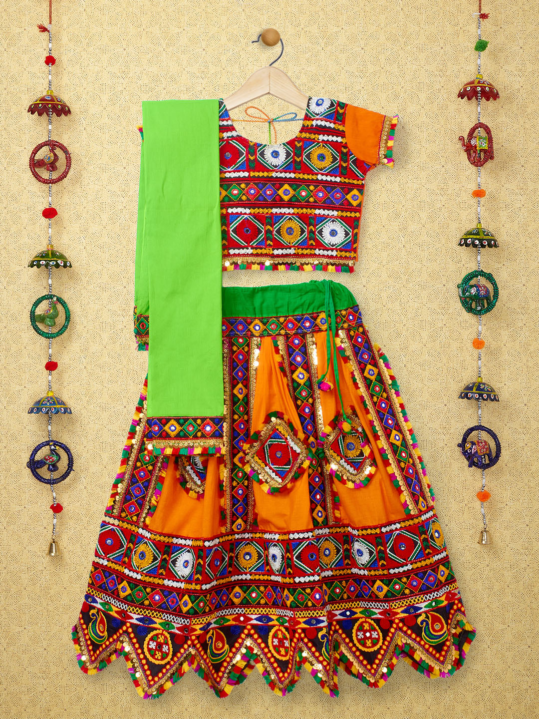 Banjara India Kutchi Emboidered Blue Girls Chaniya Choli with Dupatta (CC-PTW) - Orange