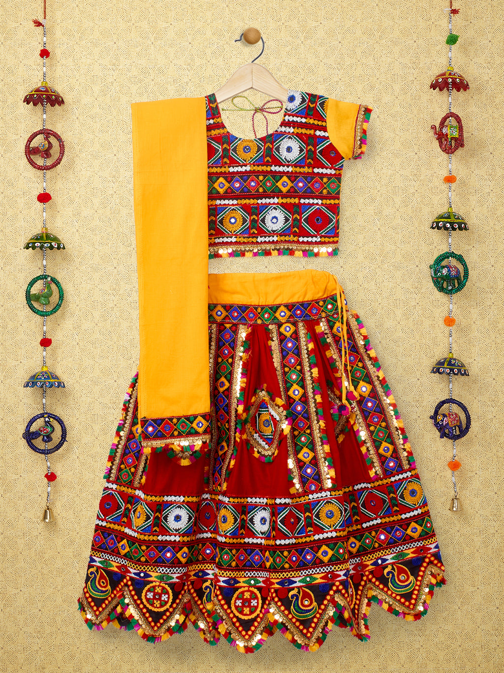 Banjara India Kutchi Emboidered Black Girls Chaniya Choli with Dupatta (CC-PTW) - Red