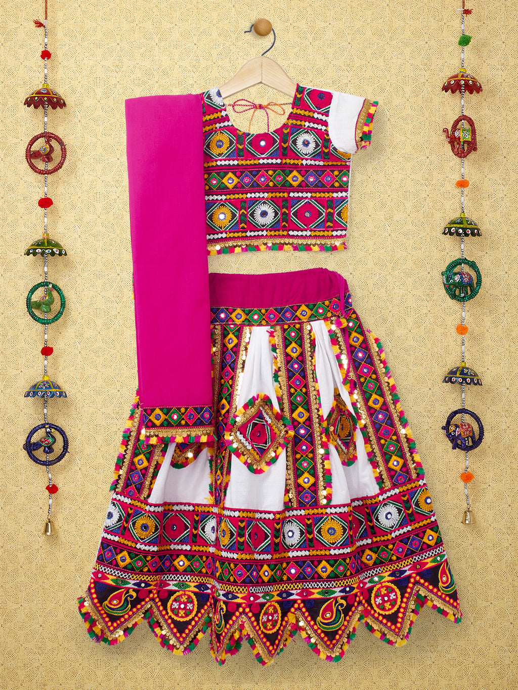 Banjara India Kutchi Emboidered Black Girls Chaniya Choli with Dupatta (CC-PTW) - White