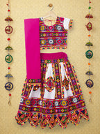 Banjara India Kutchi Emboidered Black Girls Chaniya Choli with Dupatta (CC-PTW) - White