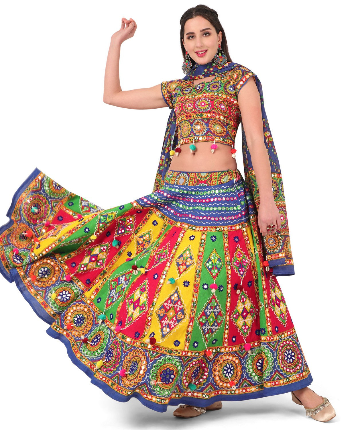 Banjara India Cotton Long Flair Aari Embroidery Kutch Work (Lehenga Choli) Chaniya Choli Set with Dupatta-SuperKaju-02