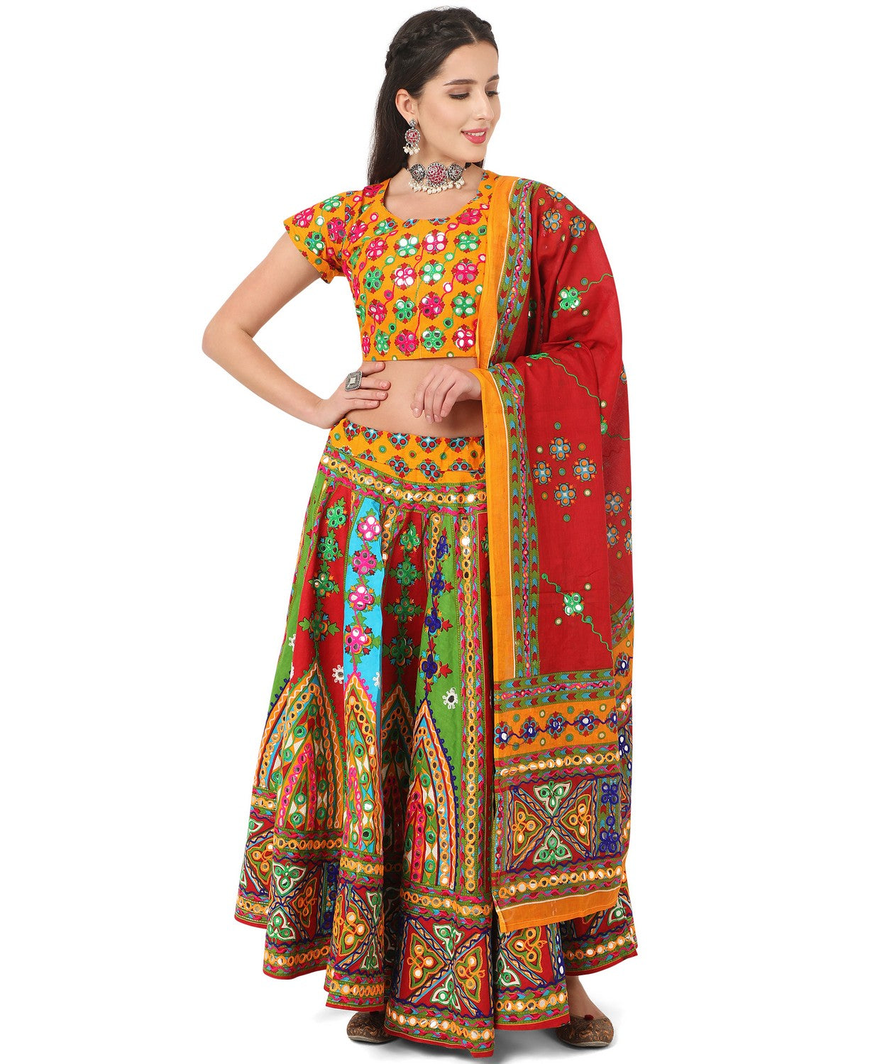 Banjara India Cotton Long Flair Aari Embroidery Kutch Work (Lehenga Choli) Chaniya Choli Set with Dupatta-Temple-01