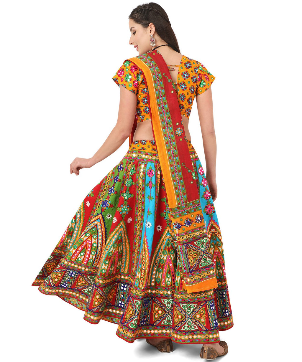Banjara India Cotton Long Flair Aari Embroidery Kutch Work (Lehenga Choli) Chaniya Choli Set with Dupatta-Temple-01