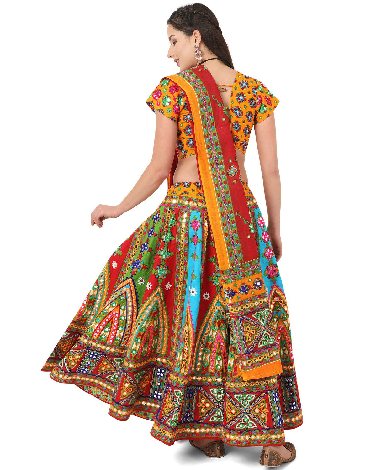 Banjara India Cotton Long Flair Aari Embroidery Kutch Work (Lehenga Choli) Chaniya Choli Set with Dupatta-Temple-01