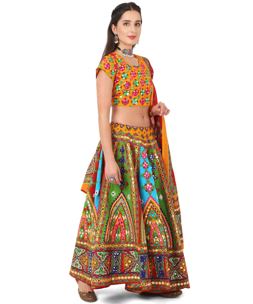 Banjara India Cotton Long Flair Aari Embroidery Kutch Work (Lehenga Choli) Chaniya Choli Set with Dupatta-Temple-01