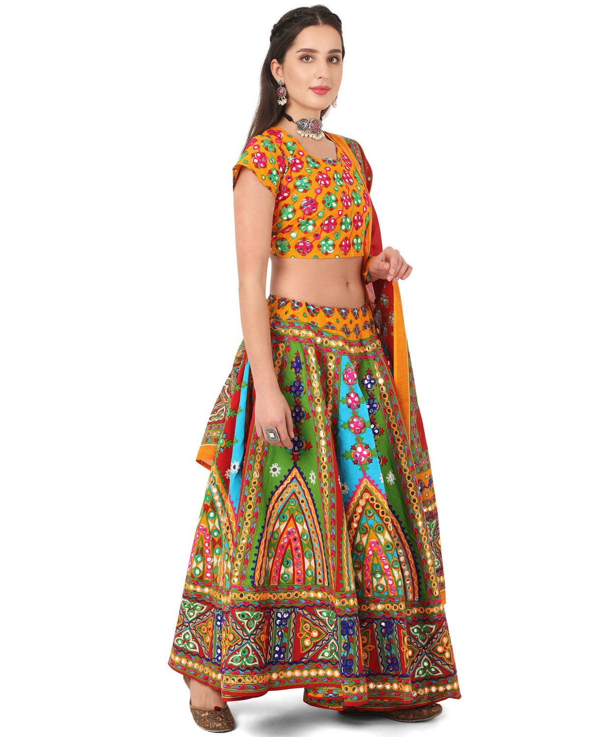 Banjara India Cotton Long Flair Aari Embroidery Kutch Work (Lehenga Choli) Chaniya Choli Set with Dupatta-Temple-01