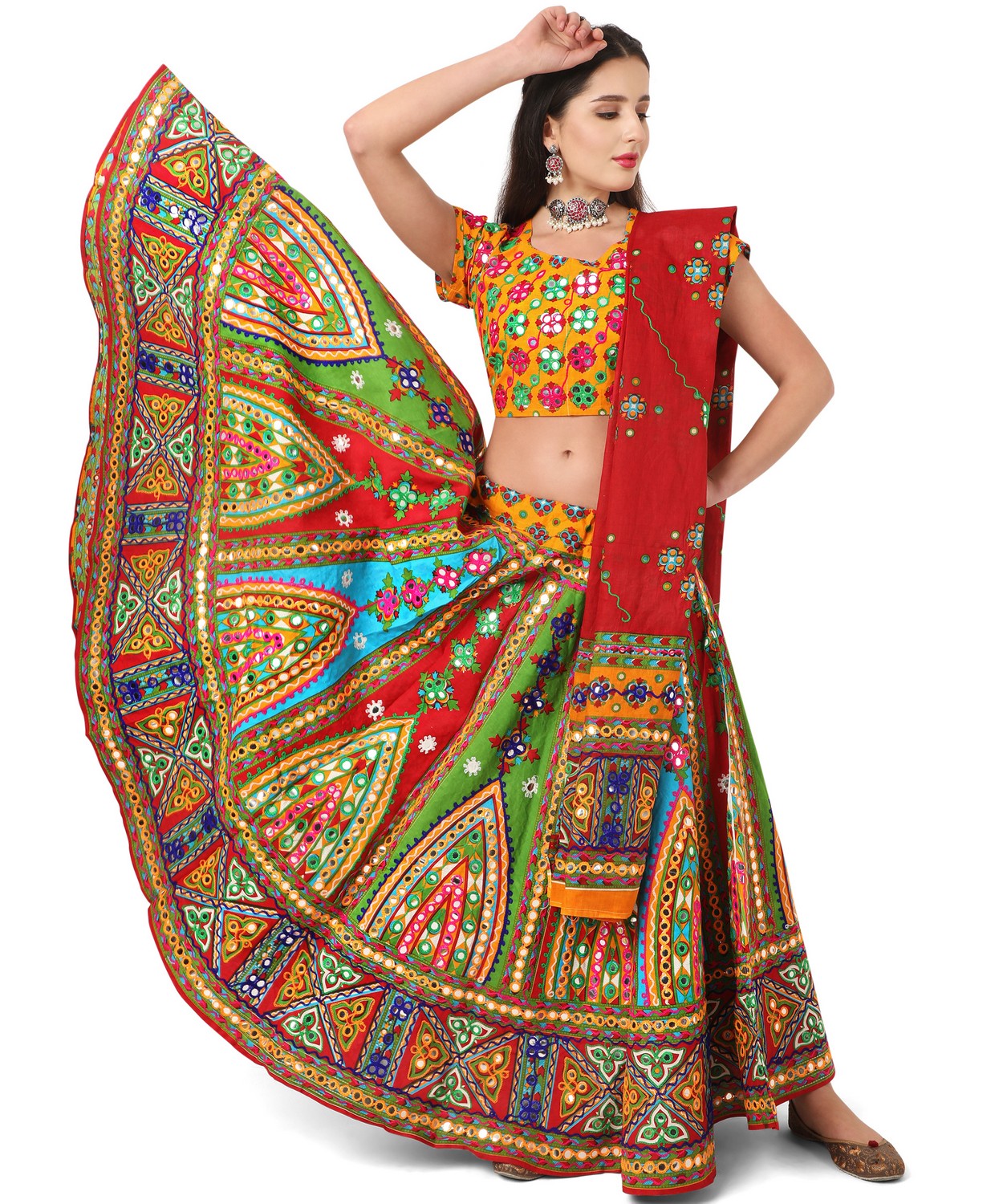 Banjara India Cotton Long Flair Aari Embroidery Kutch Work (Lehenga Choli) Chaniya Choli Set with Dupatta-Temple-01