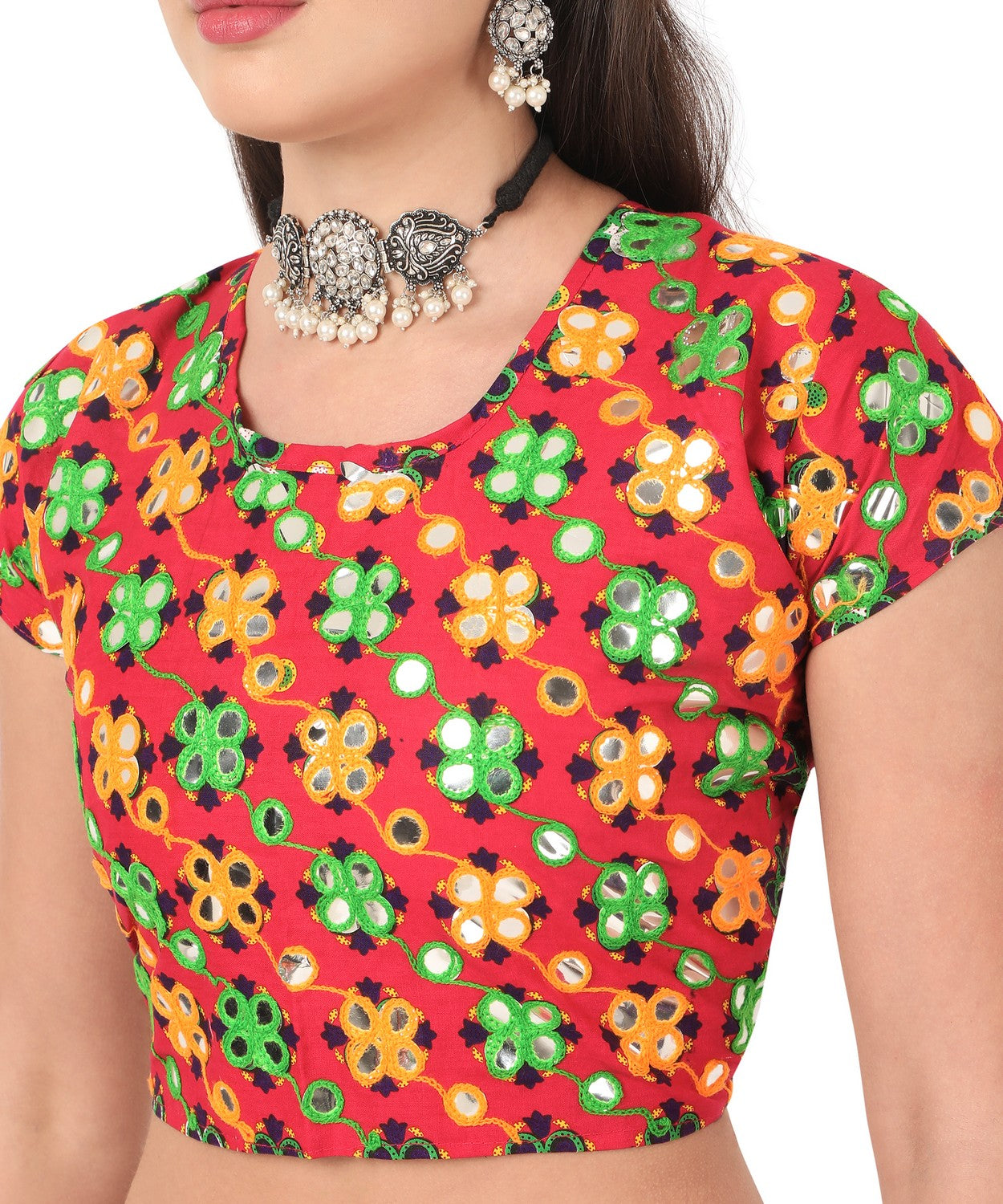 Banjara India Cotton Long Flair Aari Embroidery Kutch Work (Lehenga Choli) Chaniya Choli Set with Dupatta--Temple-05