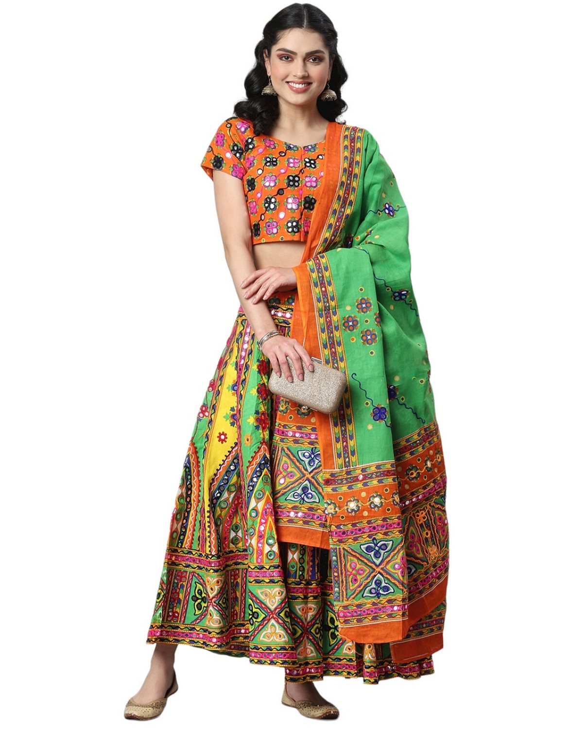 Banjara India Cotton Long Flair Aari Embroidery Kutch Work (Lehenga Choli) Chaniya Choli Set with Dupatta-Temple-07