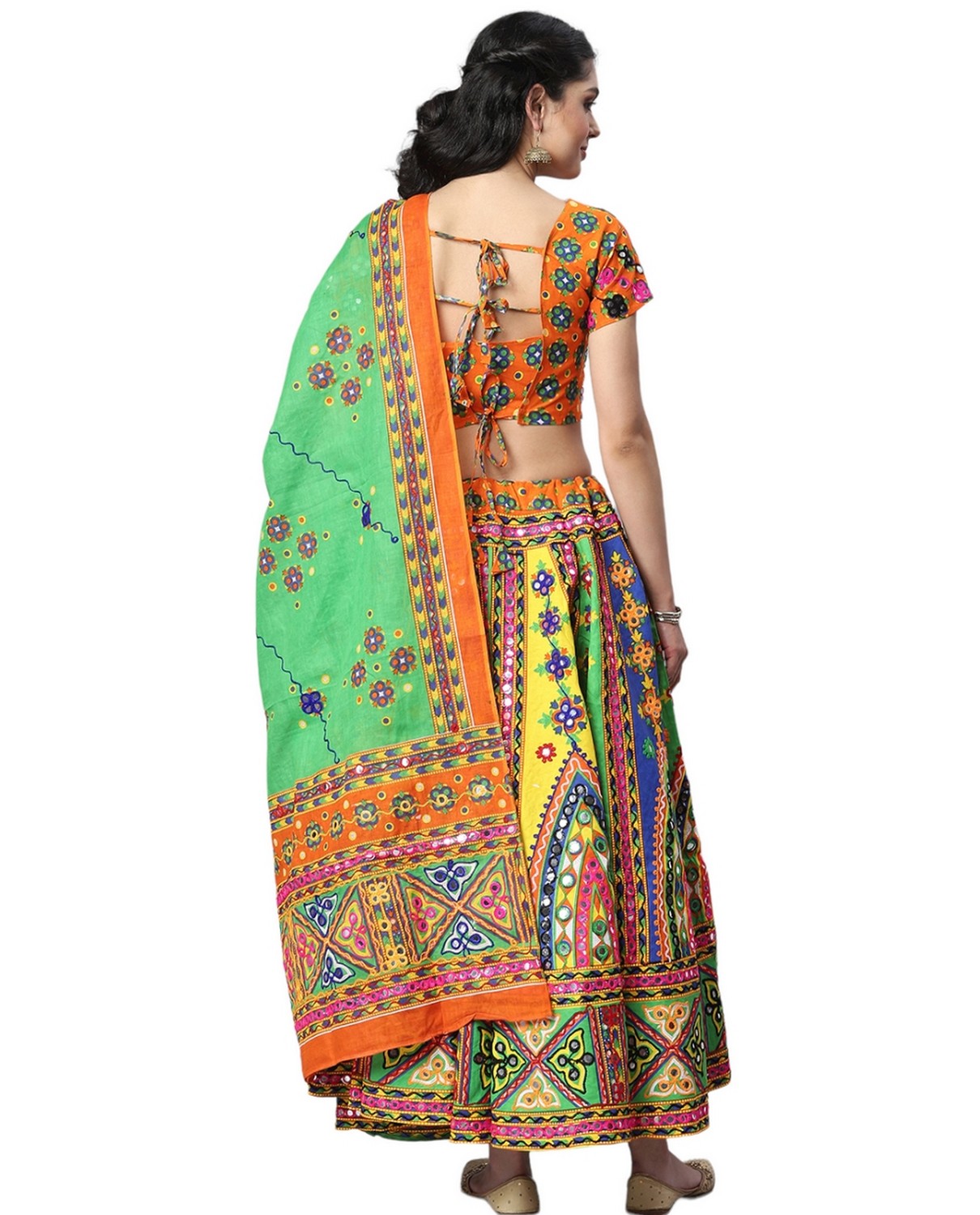 Banjara India Cotton Long Flair Aari Embroidery Kutch Work (Lehenga Choli) Chaniya Choli Set with Dupatta-Temple-07