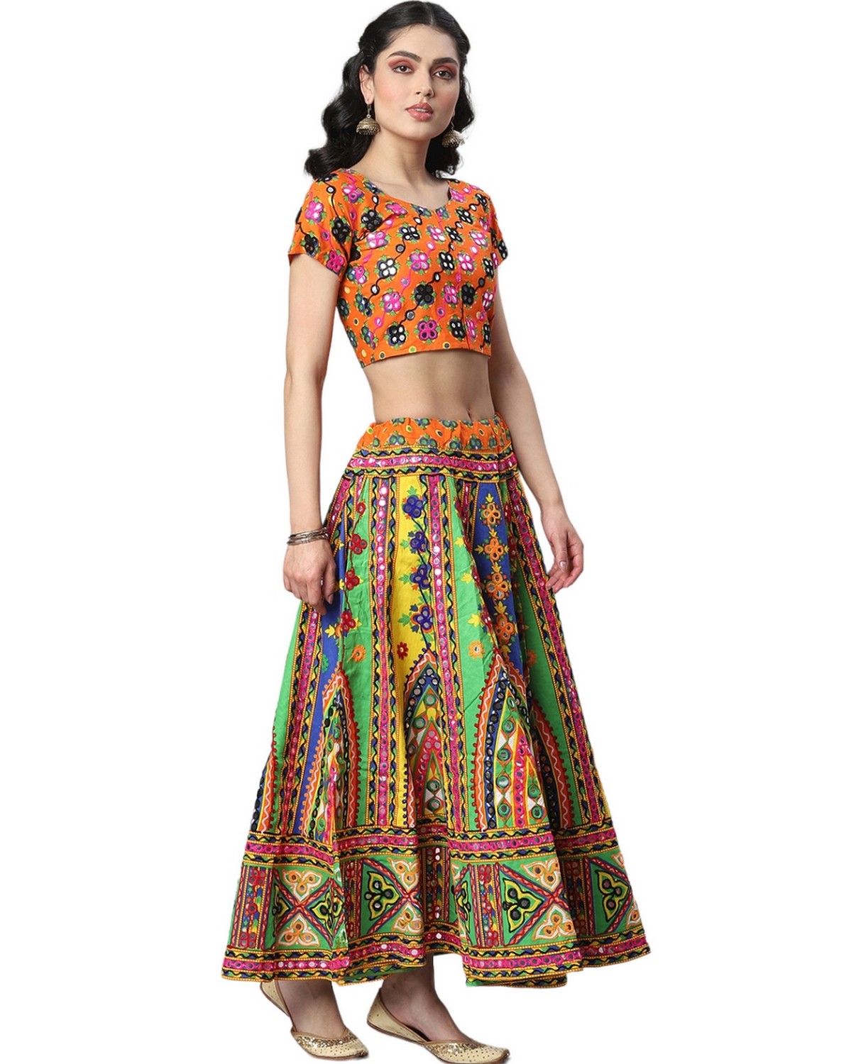 Banjara India Cotton Long Flair Aari Embroidery Kutch Work (Lehenga Choli) Chaniya Choli Set with Dupatta-Temple-07