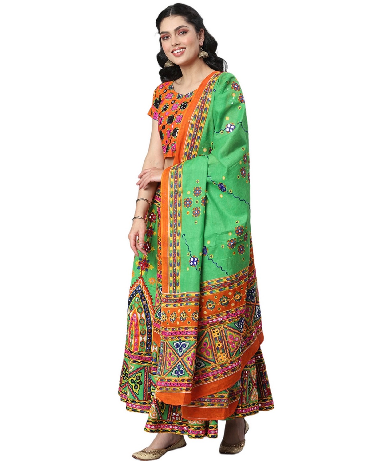 Banjara India Cotton Long Flair Aari Embroidery Kutch Work (Lehenga Choli) Chaniya Choli Set with Dupatta-Temple-07