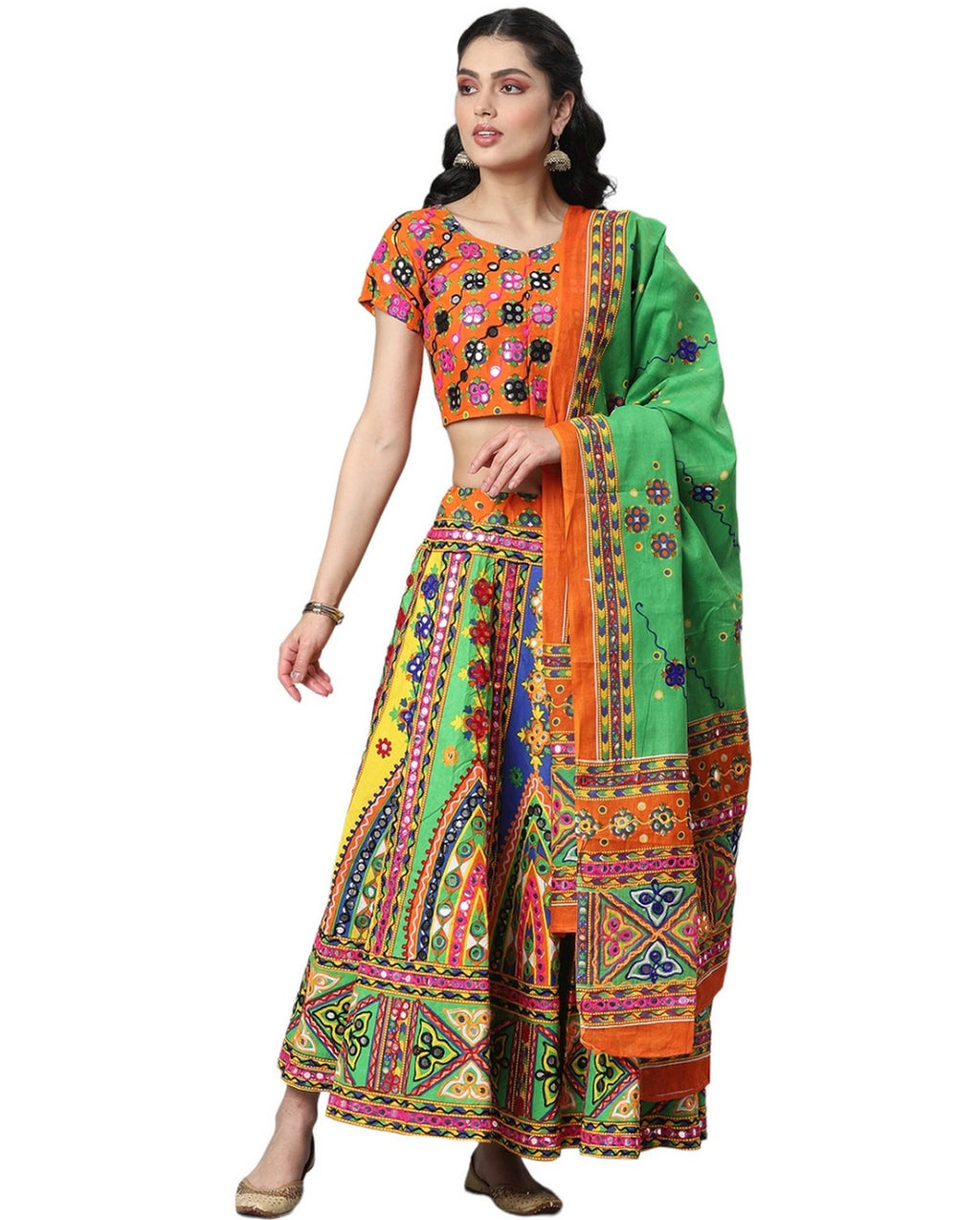 Banjara India Cotton Long Flair Aari Embroidery Kutch Work (Lehenga Choli) Chaniya Choli Set with Dupatta-Temple-07