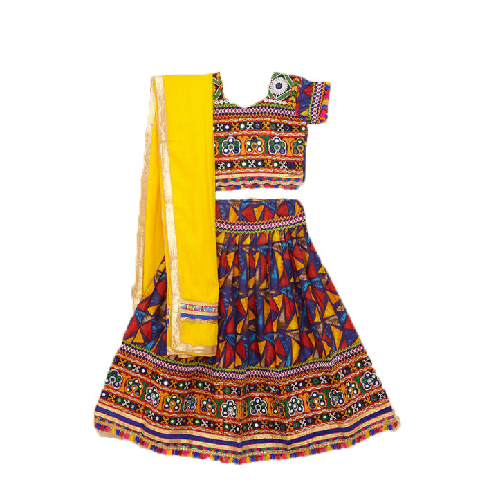 Kutchi Embroidered Cotton Chaniya Choli Set For Girls (CC-TGL) - Blue + Dupatta