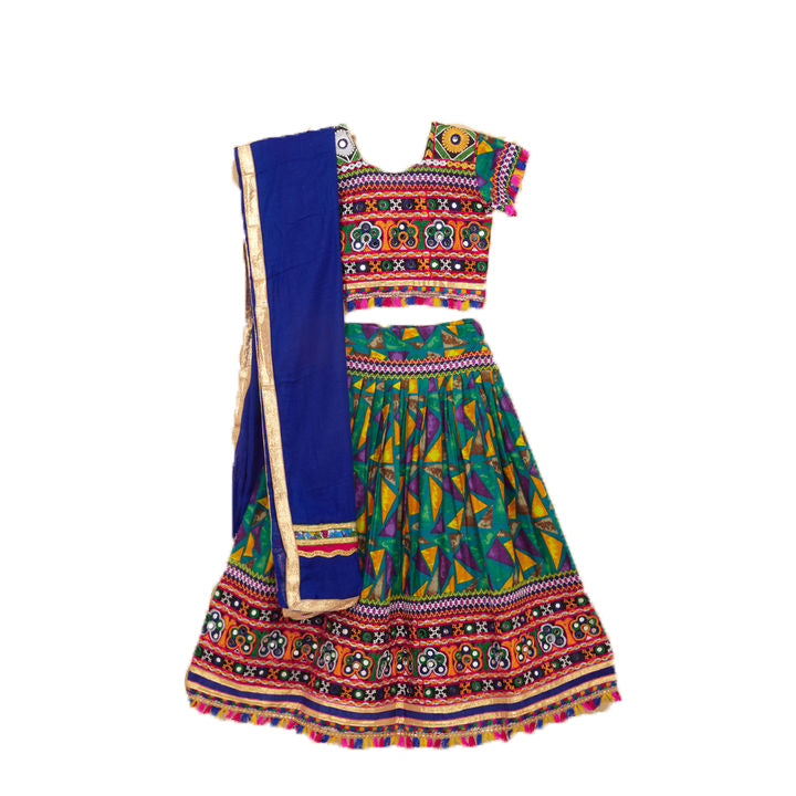 Kutchi Embroidered Cotton Chaniya Choli Set For Girls (CC-TGL) - Green + Dupatta