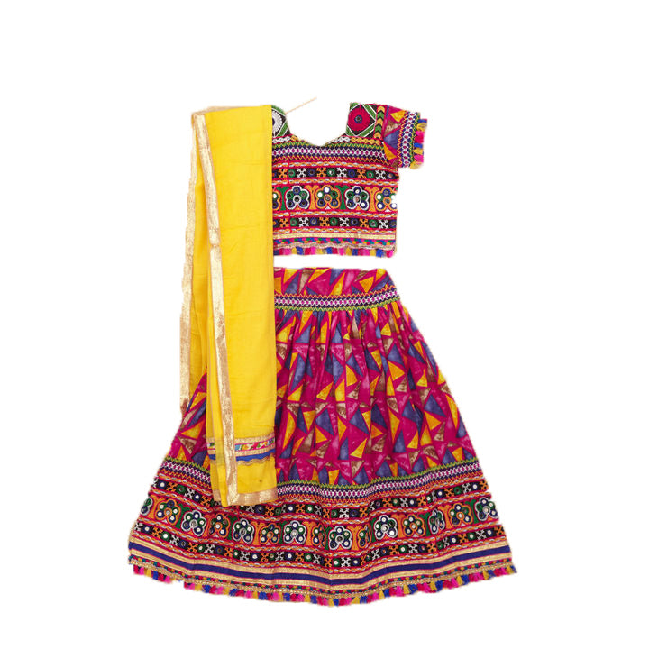 Kutchi Embroidered Cotton Chaniya Choli Set For Girls (CC-TGL) - Pink + Dupatta