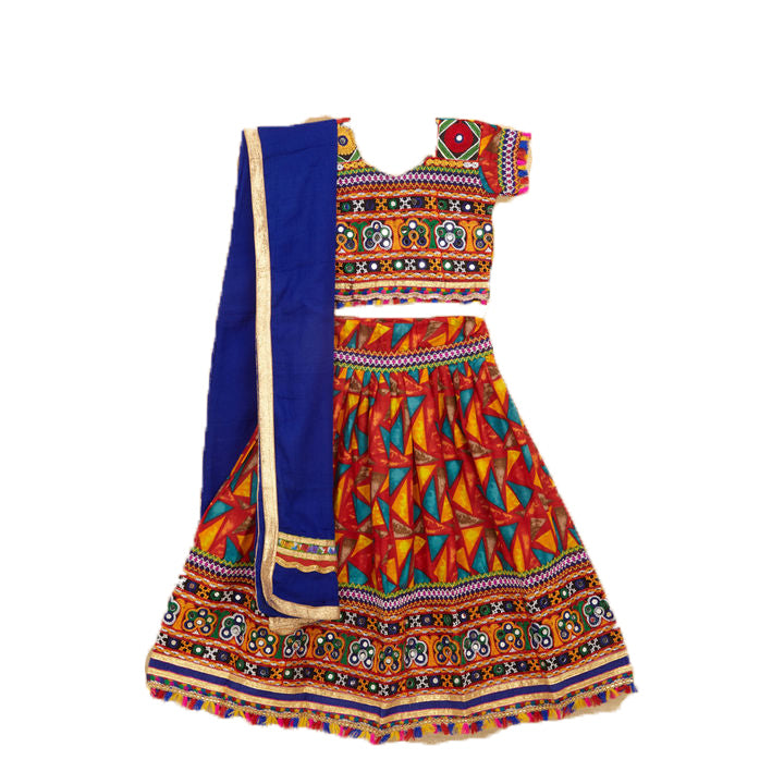 Kutchi Embroidered Cotton Chaniya Choli Set For Girls (CC-TGL) - Red + Dupatta