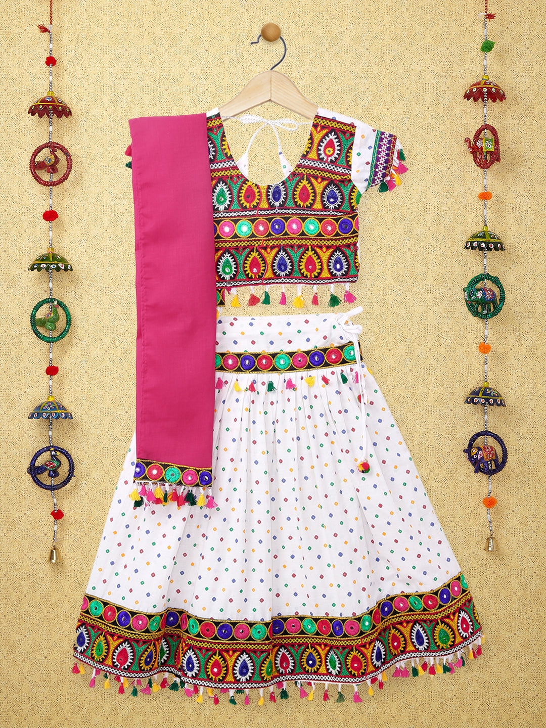 Banjara India Kutchi Emboidered Black Girls Chaniya Choli with Dupatta (CC1-POP) - White