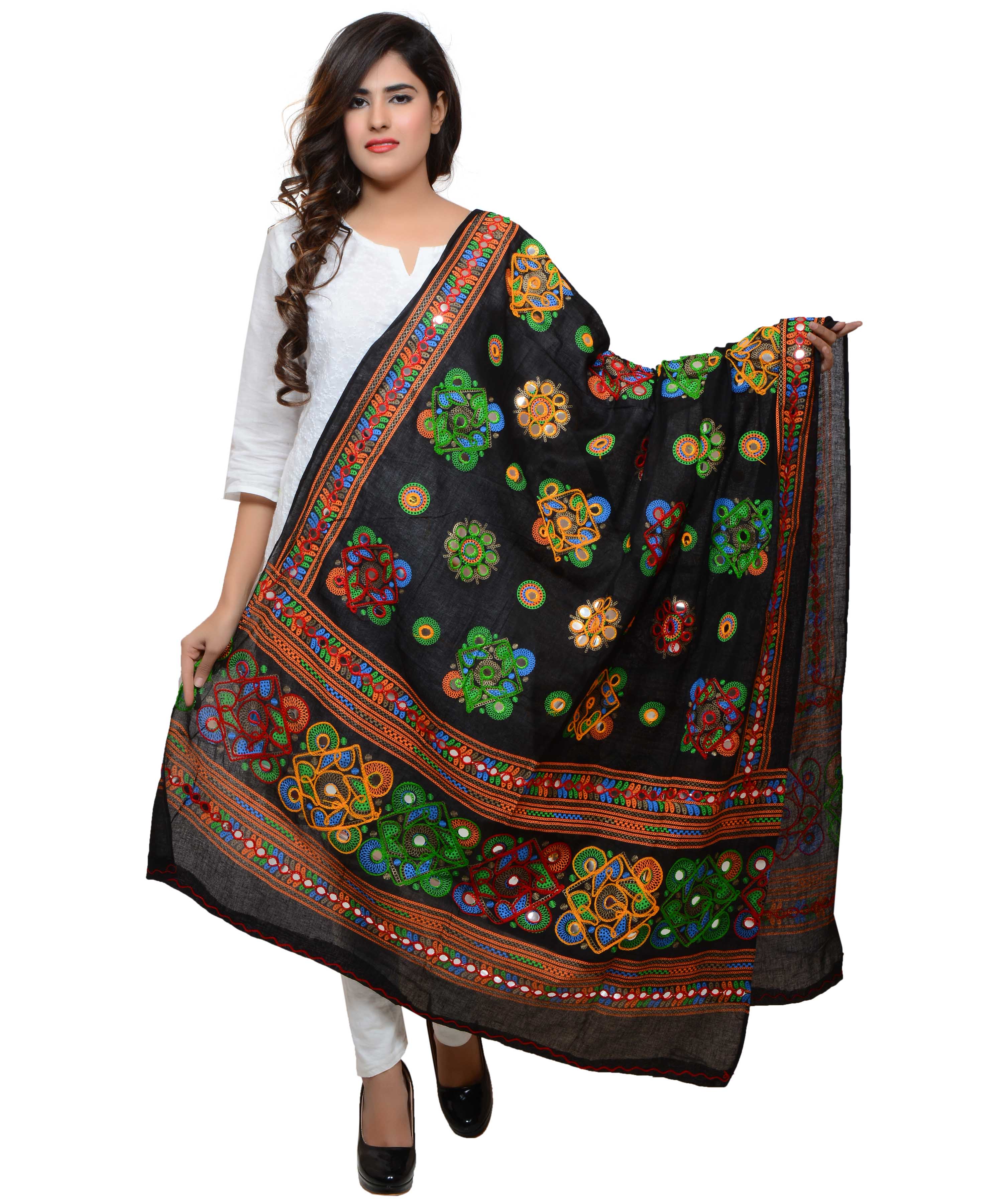 Banjara India Women's Pure Cotton Aari Embroidery & Foil Mirrors Dupatta (Chakachak) Black - CHK01 - Banjara India
