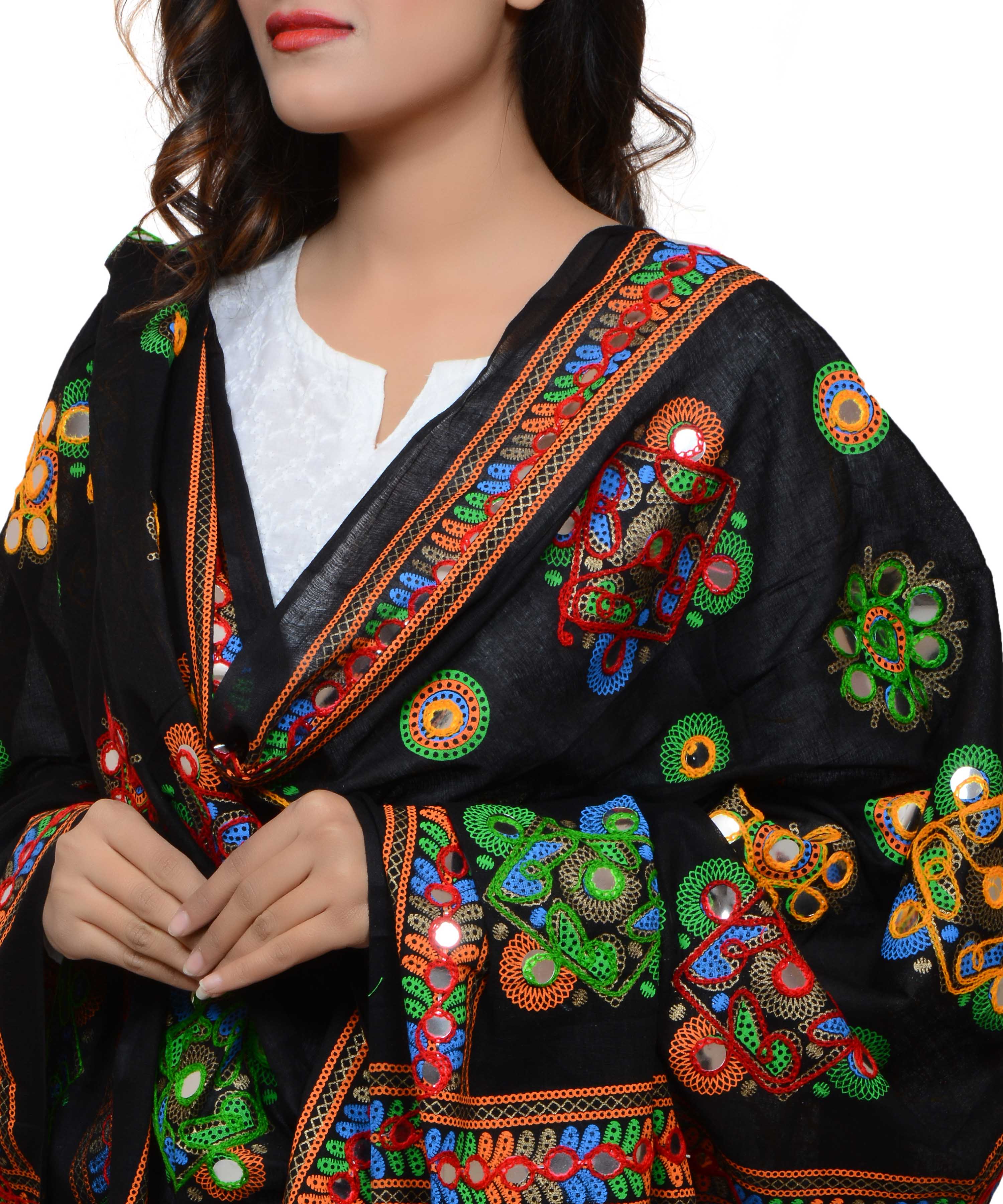 Banjara India Women's Pure Cotton Aari Embroidery & Foil Mirrors Dupatta (Chakachak) Black - CHK01 - Banjara India