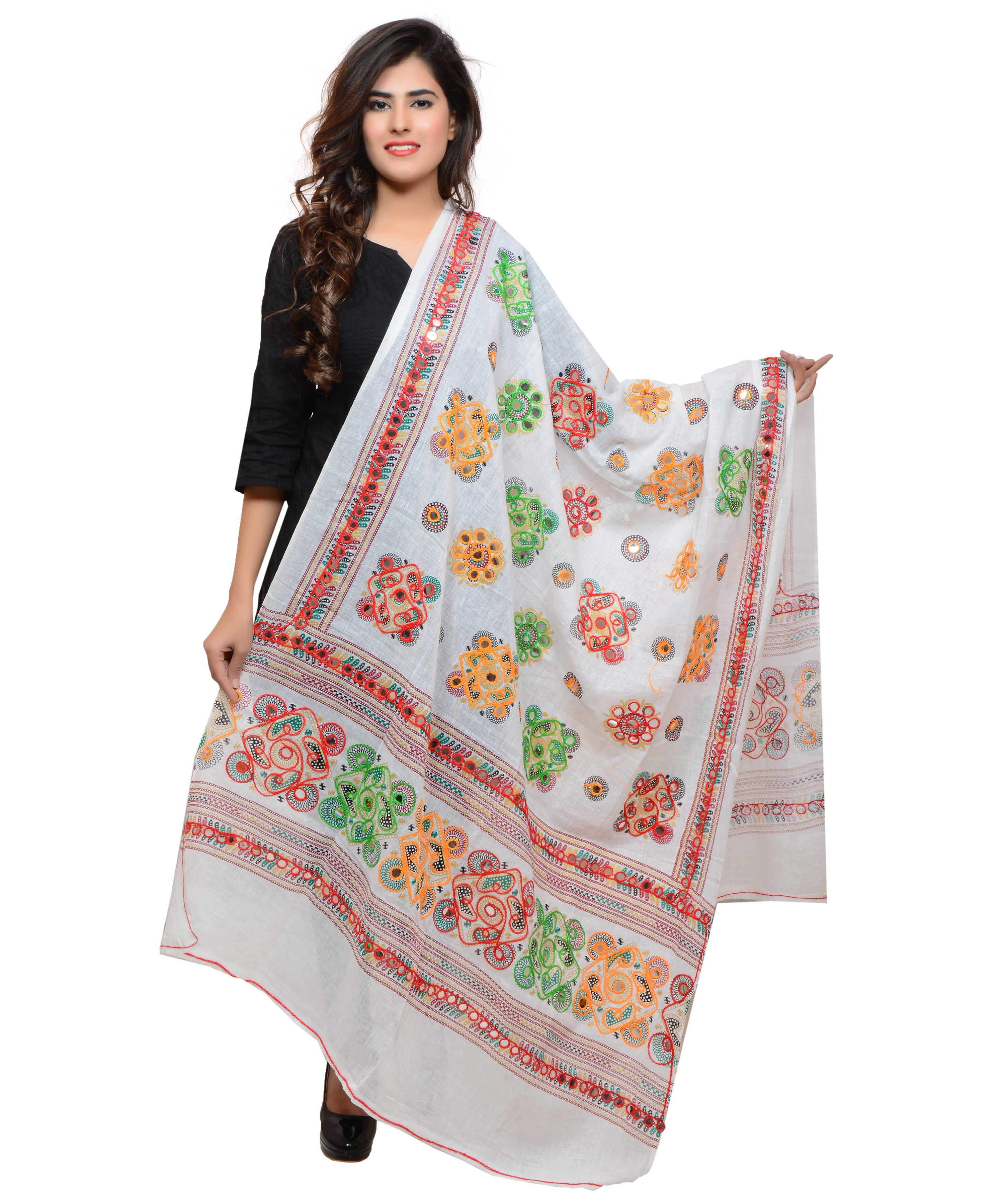 Banjara India Women's Pure Cotton Aari Embroidery & Foil Mirrors Dupatta (Chakachak) White - CHK02 - Banjara India