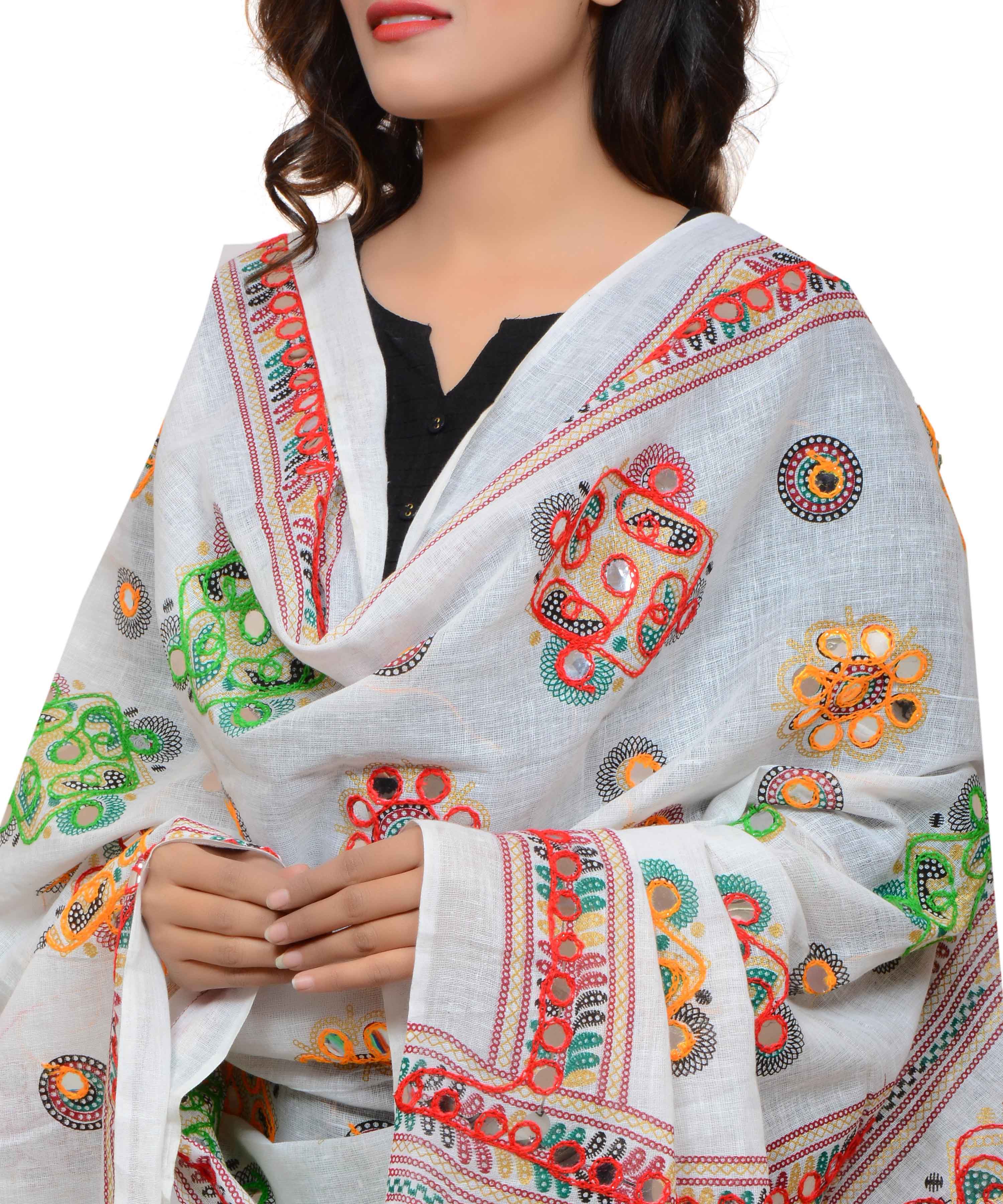 Banjara India Women's Pure Cotton Aari Embroidery & Foil Mirrors Dupatta (Chakachak) White - CHK02 - Banjara India