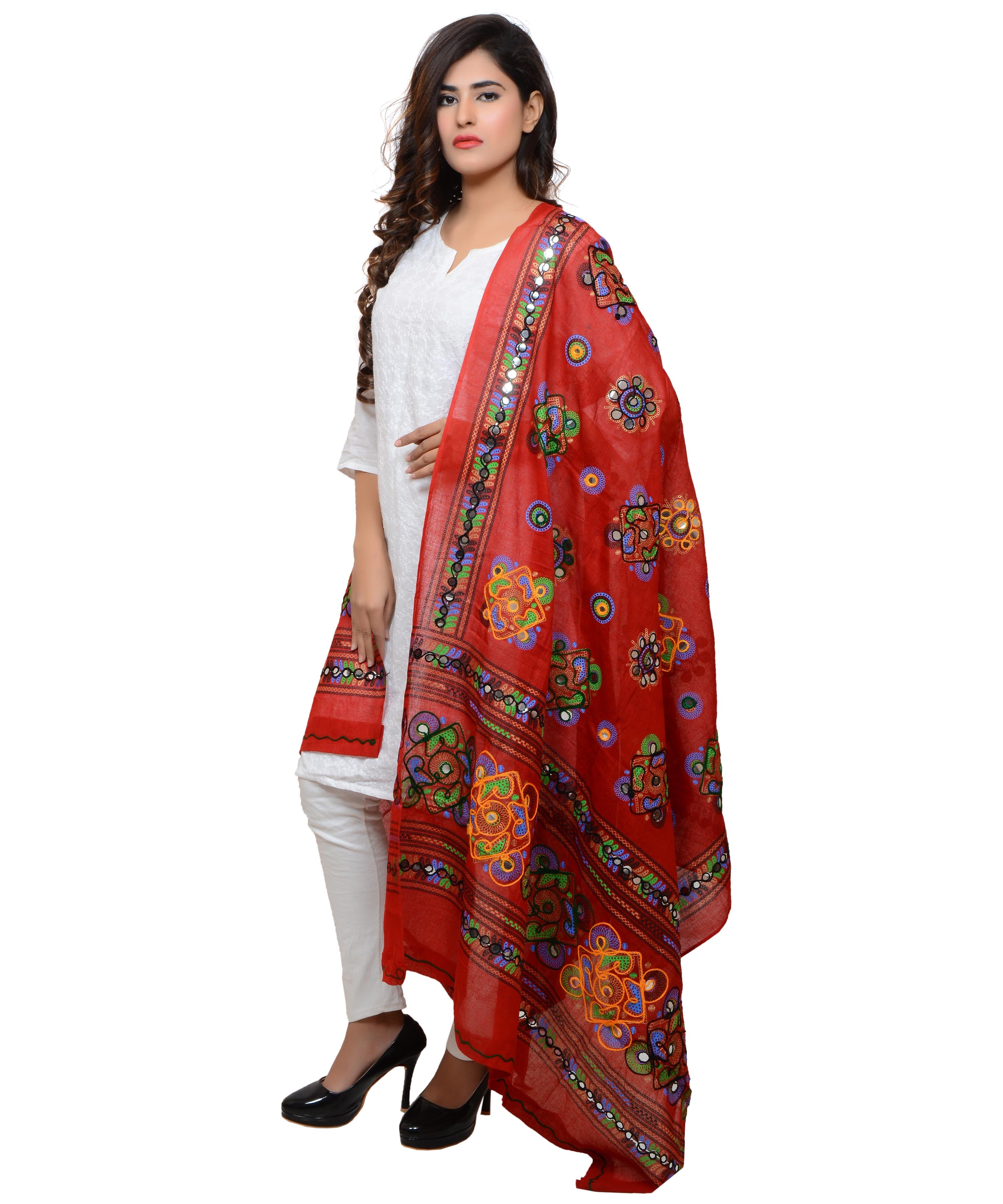 Banjara India Women's Pure Cotton Aari Embroidery & Foil Mirrors Dupatta (Chakachak) Red - CHK03 - Banjara India
