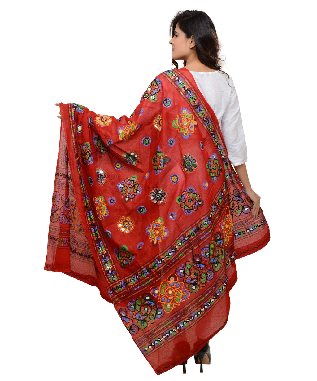 Banjara India Women's Pure Cotton Aari Embroidery & Foil Mirrors Dupatta (Chakachak) Red - CHK03 - Banjara India