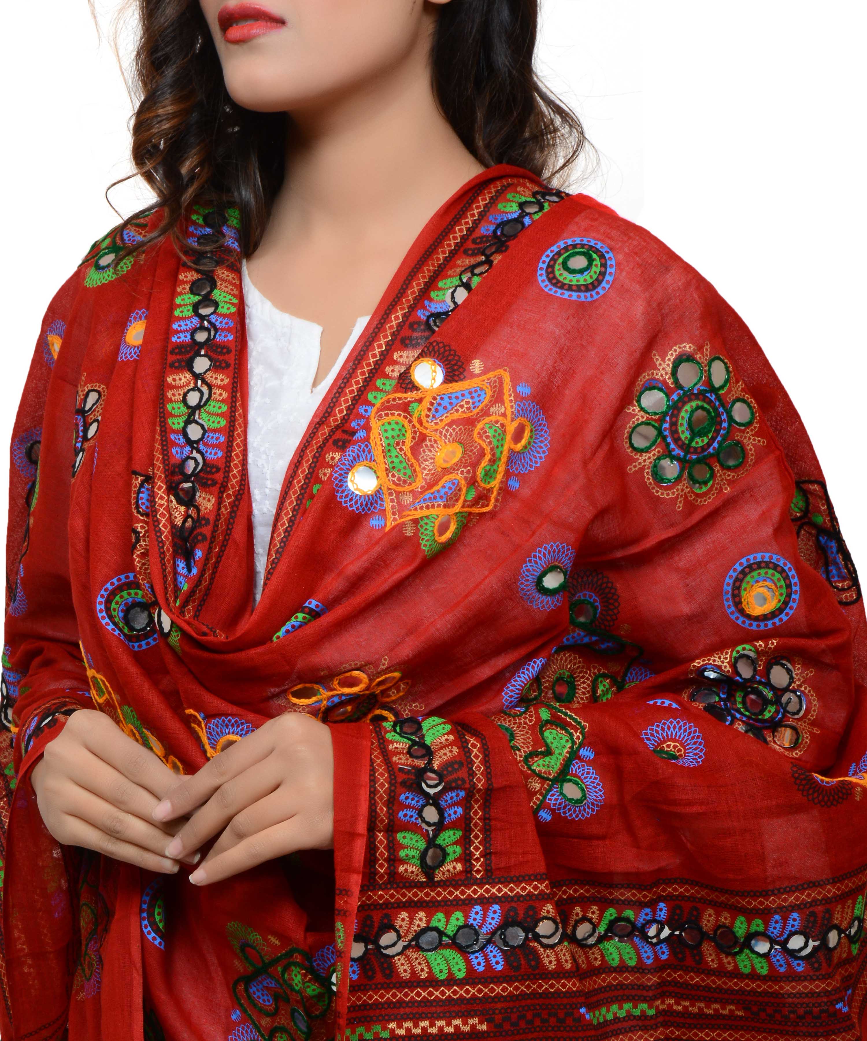 Banjara India Women's Pure Cotton Aari Embroidery & Foil Mirrors Dupatta (Chakachak) Red - CHK03 - Banjara India