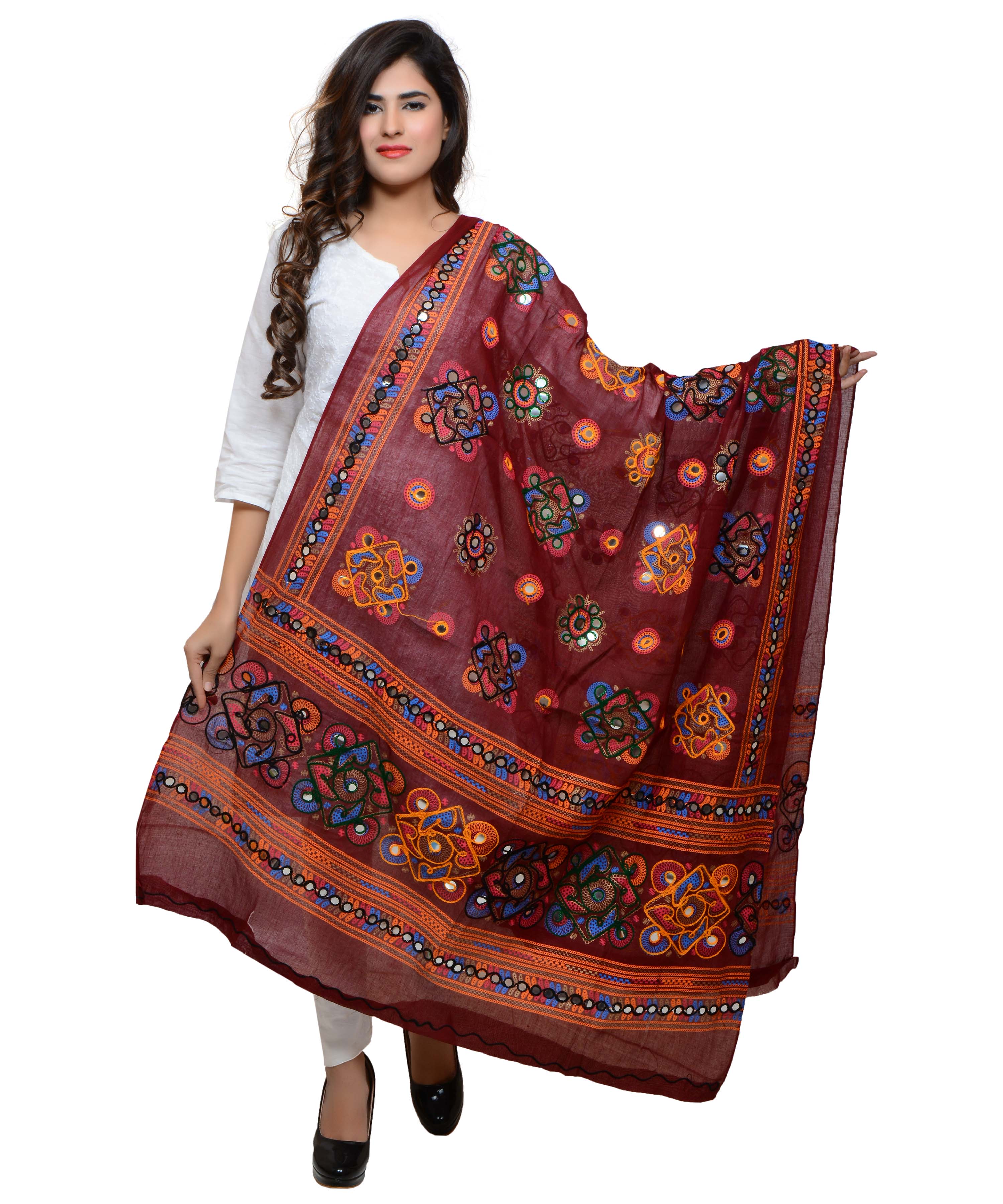 Banjara India Women's Pure Cotton Aari Embroidery & Foil Mirrors Dupatta (Chakachak) Maroon - CHK04 - Banjara India