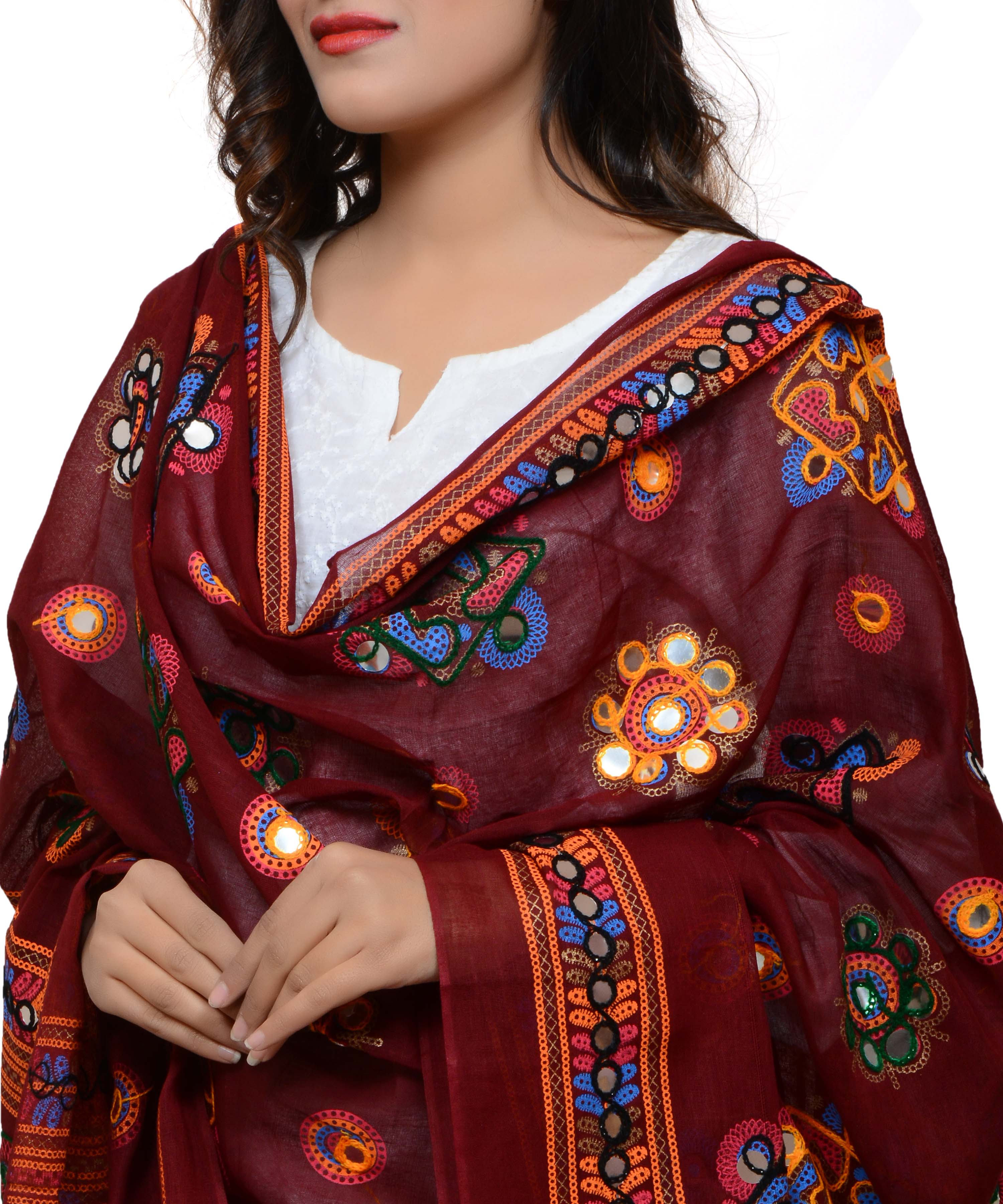 Banjara India Women's Pure Cotton Aari Embroidery & Foil Mirrors Dupatta (Chakachak) Maroon - CHK04 - Banjara India