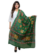 Banjara India Women's Pure Cotton Aari Embroidery & Foil Mirrors Dupatta (Chakachak) Dark Green  - CHK05 - Banjara India