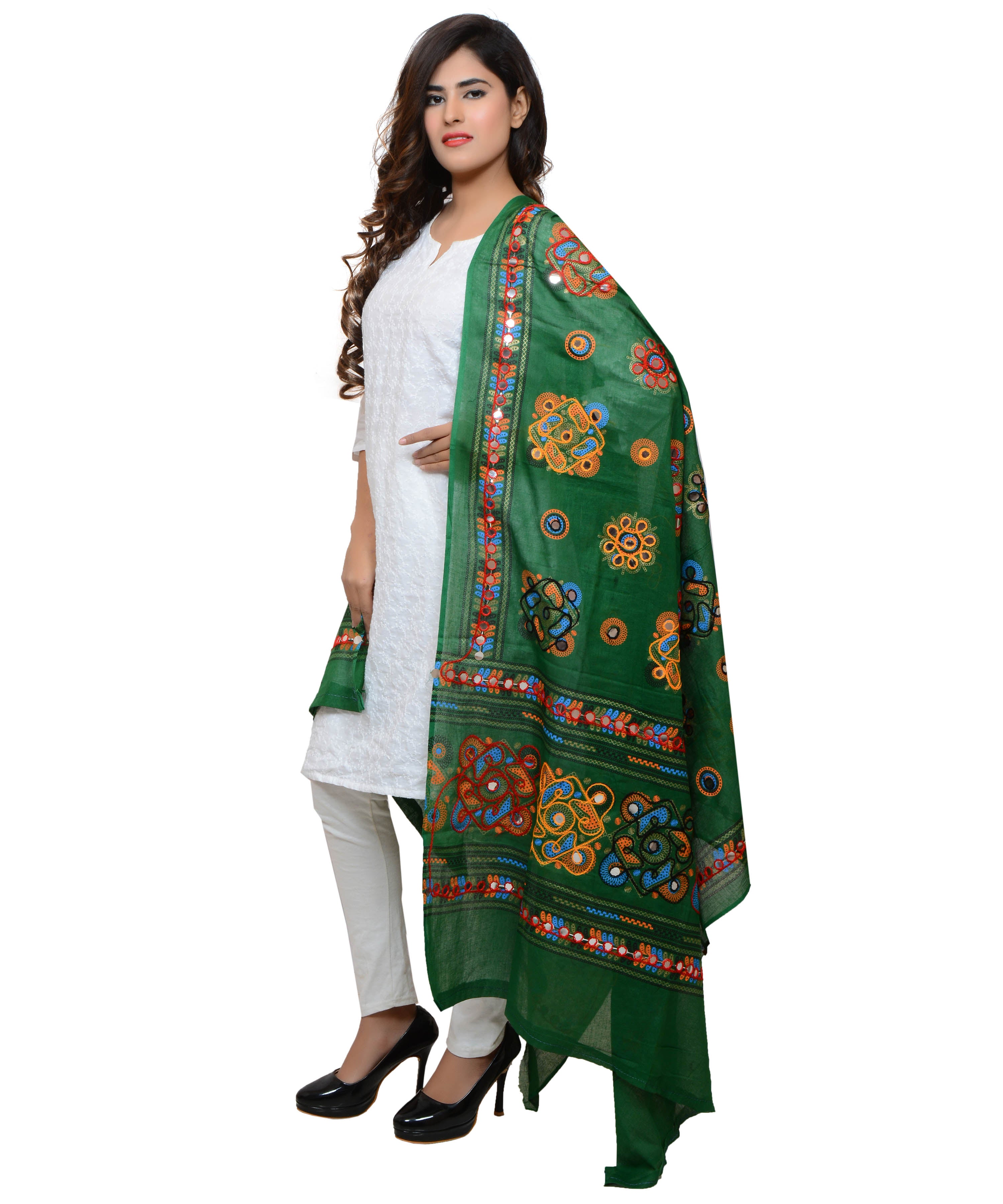 Banjara India Women's Pure Cotton Aari Embroidery & Foil Mirrors Dupatta (Chakachak) Dark Green  - CHK05 - Banjara India