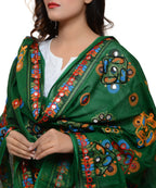 Banjara India Women's Pure Cotton Aari Embroidery & Foil Mirrors Dupatta (Chakachak) Dark Green  - CHK05 - Banjara India