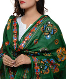 Banjara India Women's Pure Cotton Aari Embroidery & Foil Mirrors Dupatta (Chakachak) Dark Green  - CHK05 - Banjara India