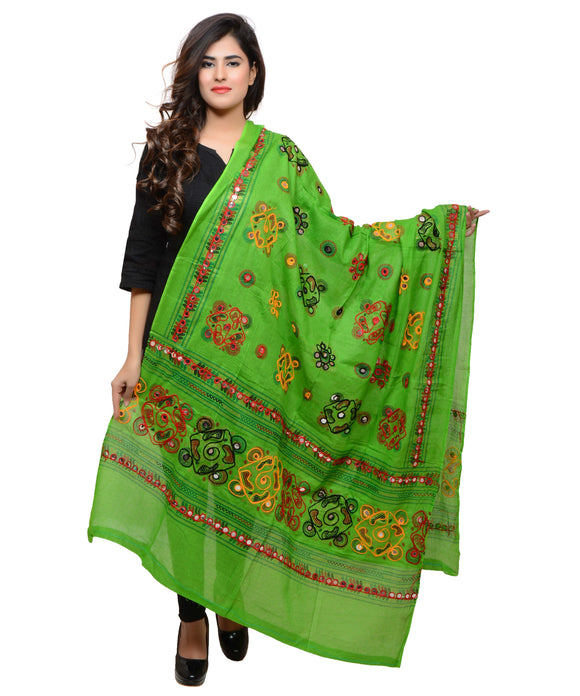 Banjara India Women's Pure Cotton Aari Embroidery & Foil Mirrors Dupatta (Chakachak) Parrot Green - CHK06 - Banjara India