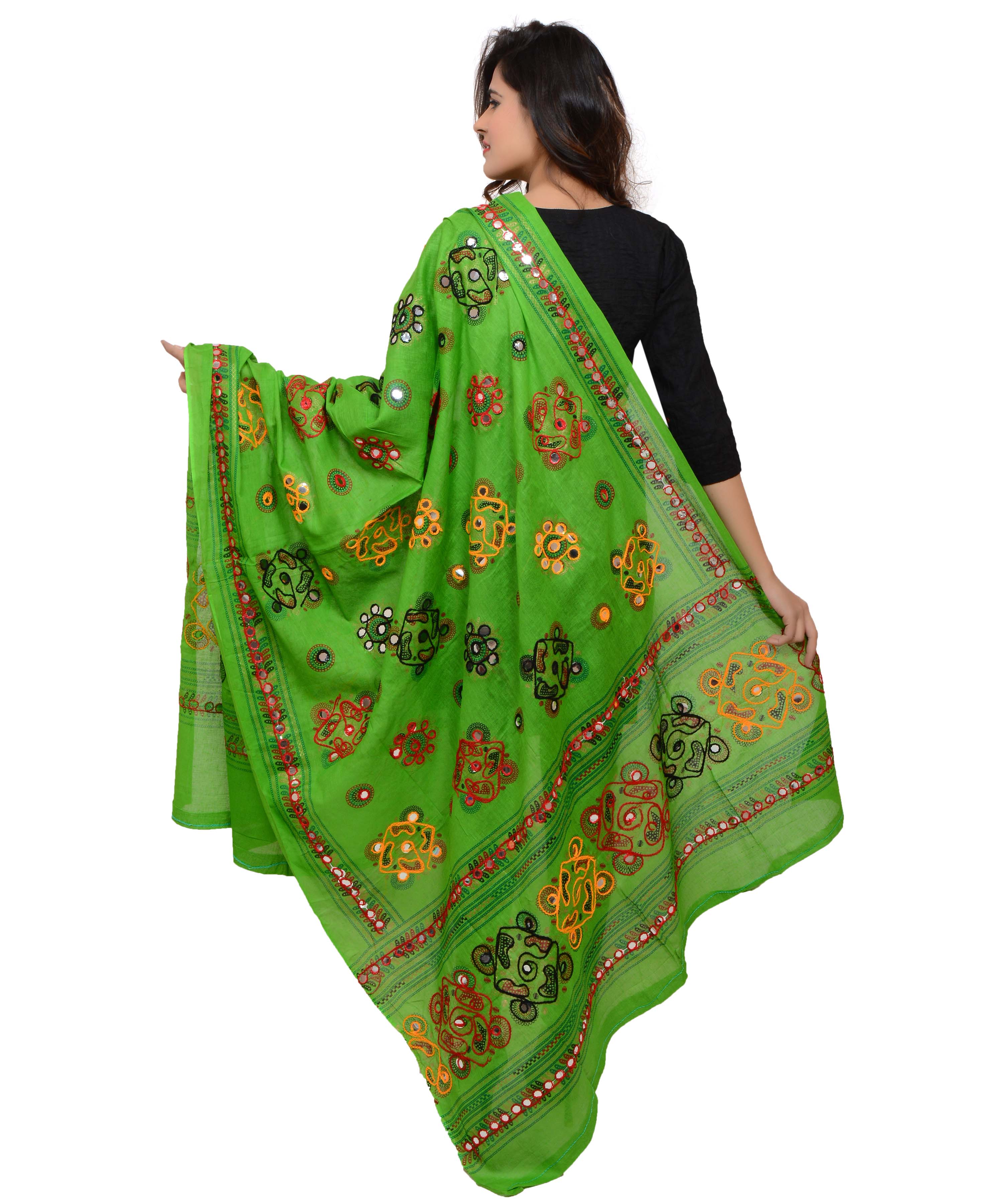 Banjara India Women's Pure Cotton Aari Embroidery & Foil Mirrors Dupatta (Chakachak) Parrot Green - CHK06 - Banjara India