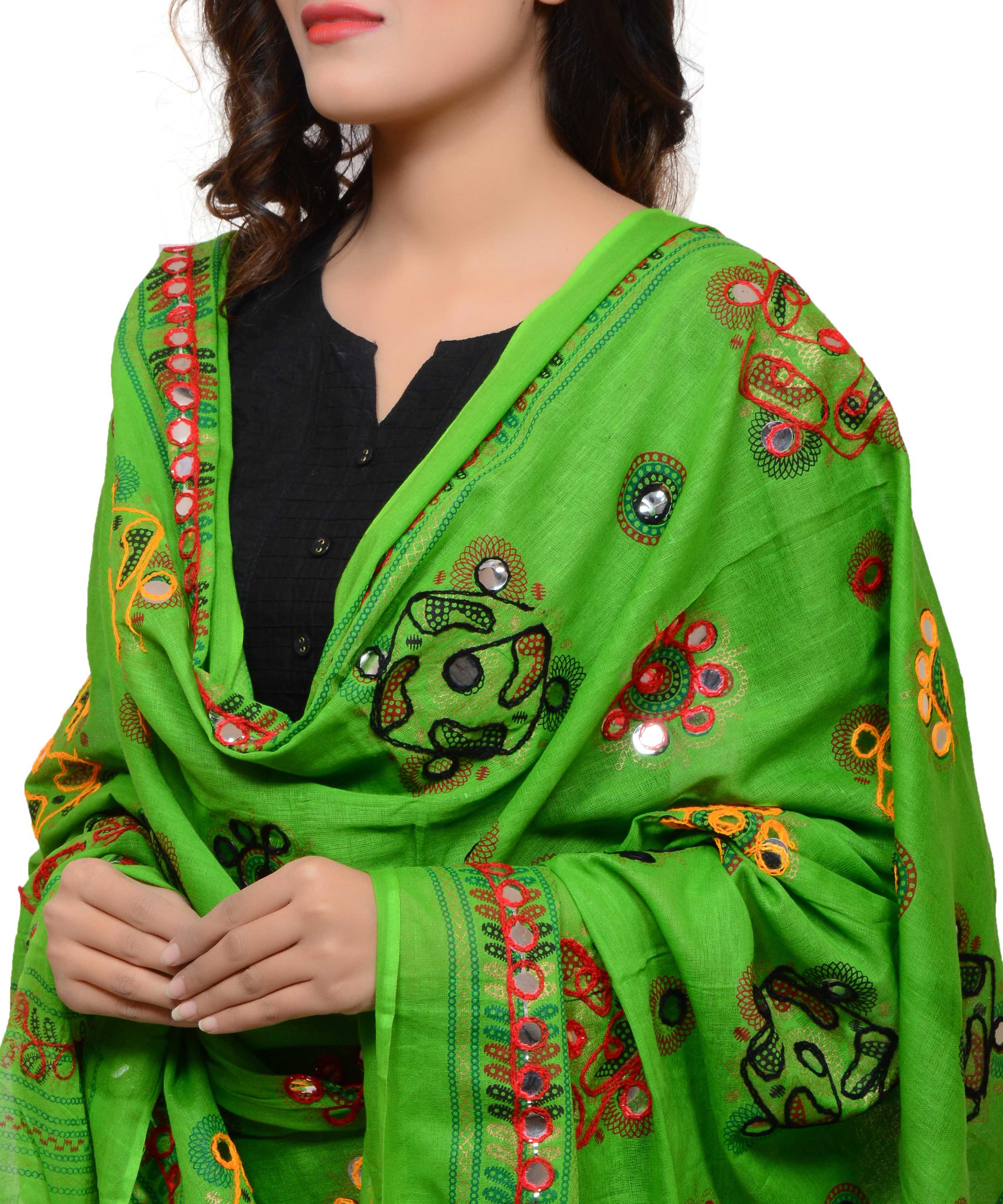 Banjara India Women's Pure Cotton Aari Embroidery & Foil Mirrors Dupatta (Chakachak) Parrot Green - CHK06 - Banjara India