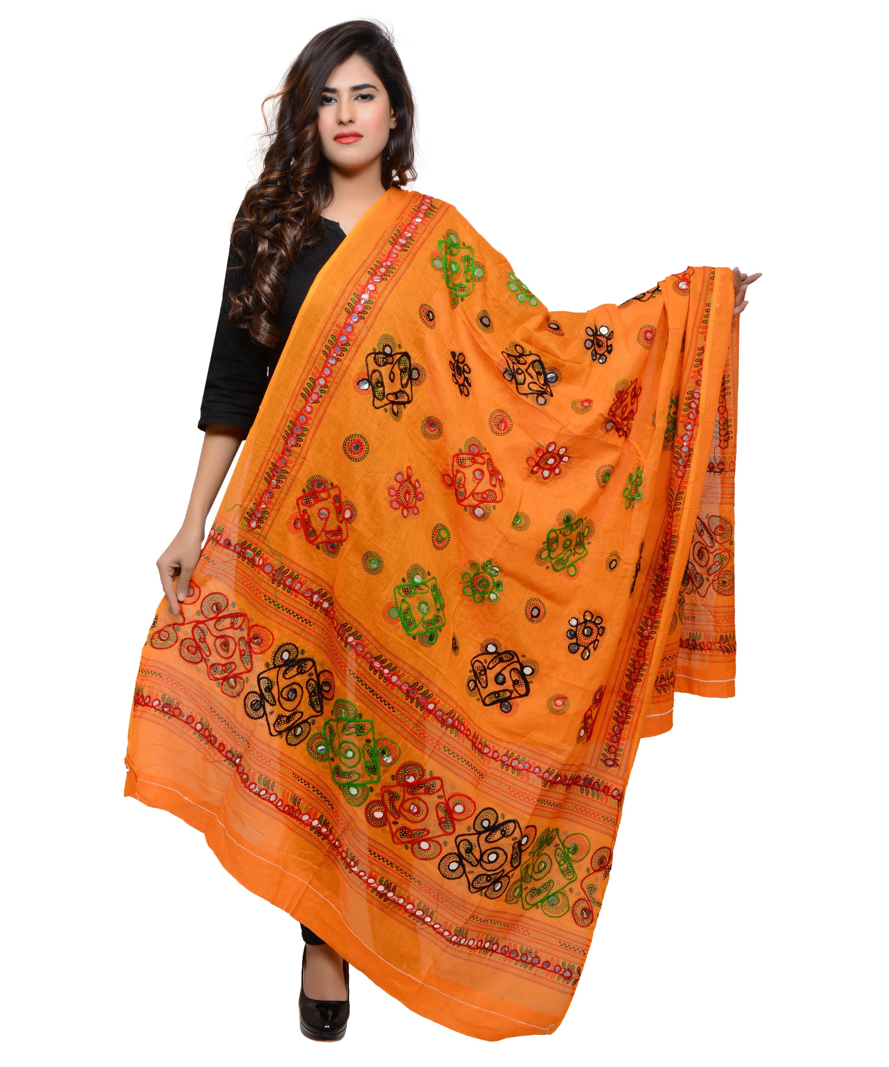 Banjara India Women's Pure Cotton Aari Embroidery & Foil Mirrors Dupatta (Chakachak) Light Orange - CHK07 - Banjara India