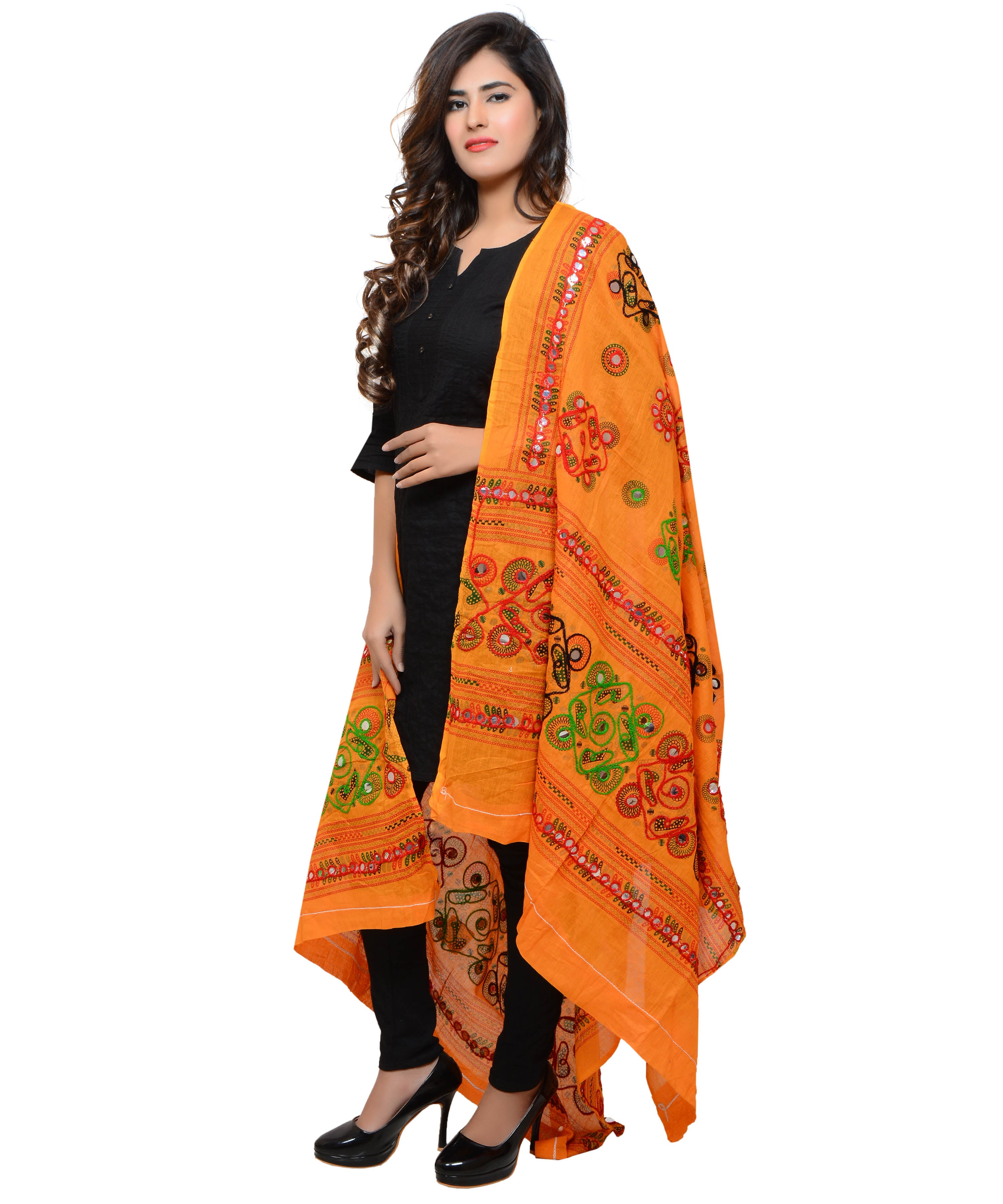 Banjara India Women's Pure Cotton Aari Embroidery & Foil Mirrors Dupatta (Chakachak) Light Orange - CHK07 - Banjara India