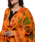 Banjara India Women's Pure Cotton Aari Embroidery & Foil Mirrors Dupatta (Chakachak) Light Orange - CHK07 - Banjara India
